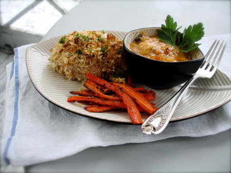 coconut ambrosia chicken with crunchy apricot dipping sauce