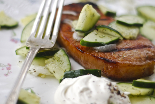 grilled pork chops & cucumber vidalia salad